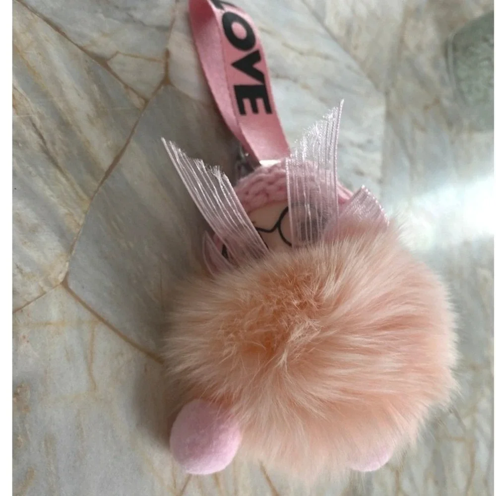 Pink Faux Fur Doll Keychain Charm with Glasses and LOVE Strap Accessory‎